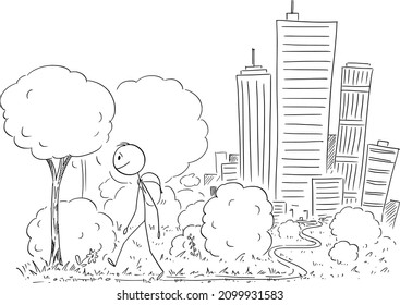 Vector cartoon stick figure illustration of man leaving the big city on background and walking on trip in nature.