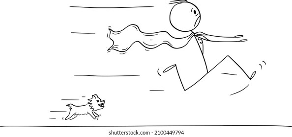 Vector cartoon stick figure illustration of scared hero or superhero running away in panic or fear from small angry cute dog chasing him.