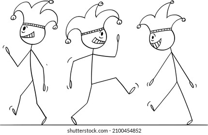 Vector cartoon stick figure illustration of people,madmen,men,jesters or fools walking in cap and bells fool's cap.