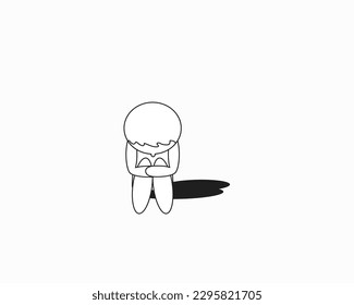 Vector cartoon stick figure illustration of a man depressed, sad, frustrated, or sick alone. Help, psychology, or related concept.