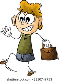 Vector cartoon stick figure . vector illustration of laughing stick man go for work. holding bag in hand. 
