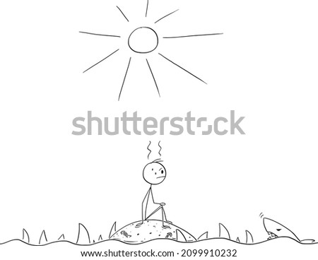 Vector cartoon stick figure illustration of frustrated man sitting alone on small empty deserted island surrounded by sharks.