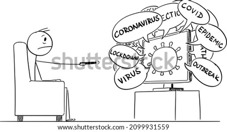 Vector cartoon stick figure illustration of stressed or frustrated man watching latest news about coronavirus covid-19 epidemic in television or TV.
