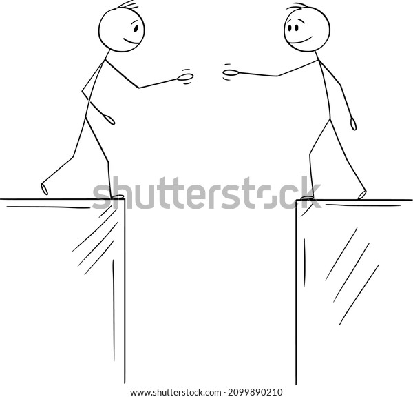 Vector cartoon\
stick figure illustration of two men or businessmen or Politicians\
going to shake hands when divided by chasm or gulf. Concept of\
agreement, deal or\
cooperation.