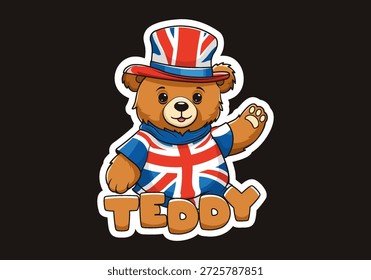 Etiqueta engomada de la historieta del Vector. Lindo divertido peluche de peluche suave pequeño oso de peluche con sombrero y camisa en colores de la bandera nacional británica. Saludos. Hola. Bienvenidos a Inglaterra. Gran Bretaña