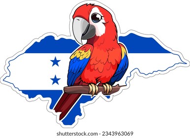 Vector cartoon sticker with a scarlet macaw parrot and the Honduras flag