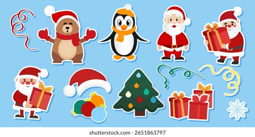 Vector cartoon sticker set with Santa Claus, bear, penguin, gifts, fir tree, snowflake and festive elements. Isolated on transparent background