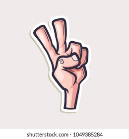 Vector cartoon sticker with symbol of win isolated on white. Color illustration of hand with fingers lifted up showing sign of victory or peace in retro comics style.