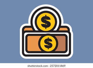 Vector cartoon sticker wallet illustration filled with coins and gold dollar bills, symbolizing prosperity, abundance and financial growth.