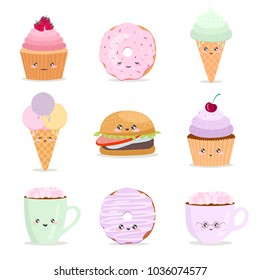 Vector cartoon stickers with funny food characters. Illustrations- cupcake, donut, cup of coffee, hamburger, icecream with emotions