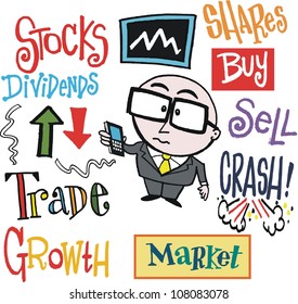 Vector cartoon of stock exchange trader with mobile phone.