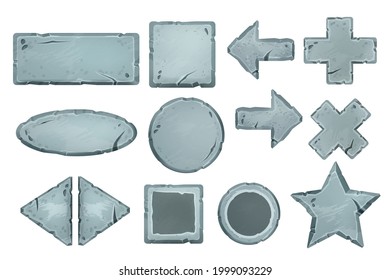 Vector cartoon stone sign board set, UI rock button collection isolated on white, rectangle, round frame. Gray cracked oval boulder panel, arrow, plus, star. Interface stone button, mobile app element