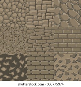 Vector Cartoon Stone Wall Seamless Texture Collection Of 9 Patterns.