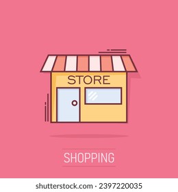 Vector cartoon store house icon in comic style. Shop sign illustration pictogram. Store market business splash effect concept.