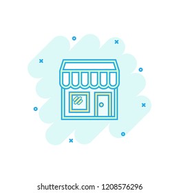 Vector cartoon store market icon in comic style. Shop building sign illustration pictogram. Mall business splash effect concept.
