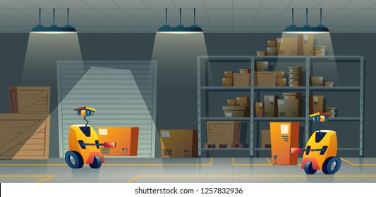 Vector cartoon storehouse with robot-workers, delivery by smart technologies. Background with automation in a warehouse, storage. Artificial intelligence in forklift machine carries boxes from shelves