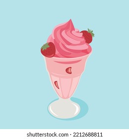Vector cartoon of strawberry sundae or parfait. Ice Cream Cups or ice frozen joghurt cream for summer dessert.