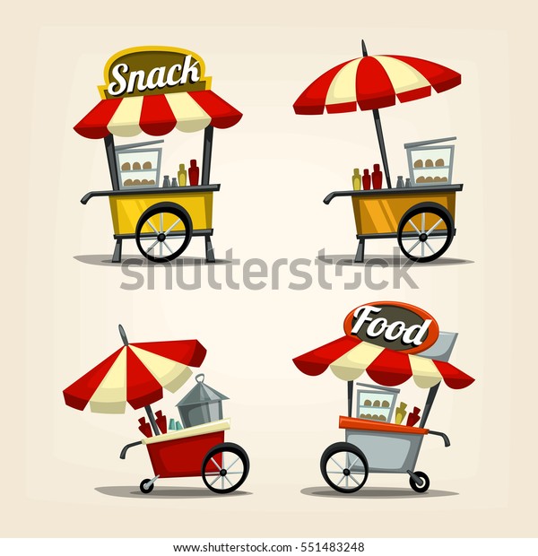 Caricatura Vectorial Carros De Comida Callejera Con Comida Rápida Y Productos Para Ilustración E 1380