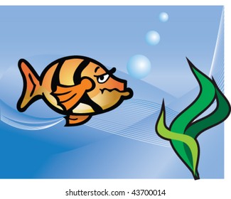 vector cartoon striped orange fish in water with seaweed