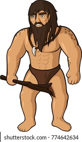 Vector cartoon strong ancient caveman with club on white background