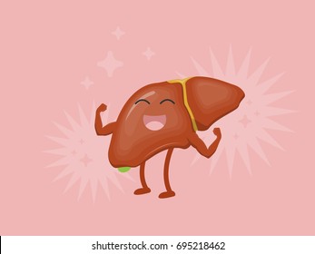 Caricatura vectorial hígado fuerte con efecto saludable y de fondo rosado, concepto de cuidado del hígado.
