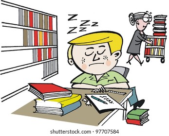 Vector cartoon of student asleep in library