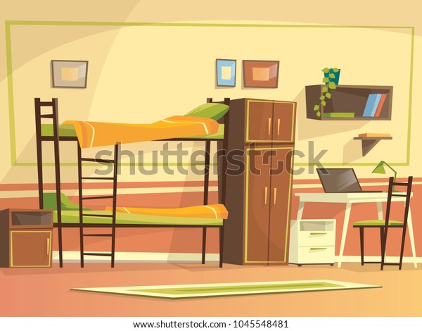 Vector cartoon student dormitory room interior\
background template. University, high school college, hostel living\
apartment. Illustration with bunk bed, wardrobe workplace desk\
chair laptop bookshelf