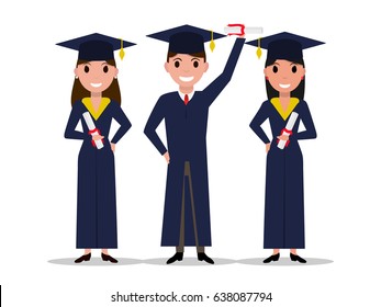 Vector cartoon student girl, boy graduate. Isolated white background. Character with square academic cap and diploma in hands. Man, woman received a degree, certificate, graduation. Flat style.
