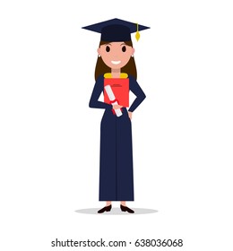 Vector cartoon student girl graduate. Isolated white background. Female character with square academic cap and diploma in hands. Woman received a degree, certificate, graduation. Flat style.