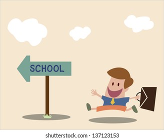 Vector cartoon of Student go to school in retro color