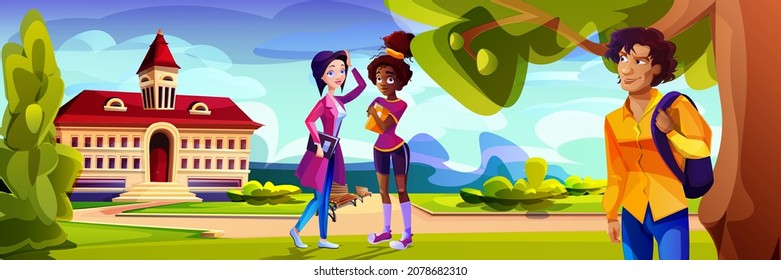 Vector cartoon students in front of college campus building at green yard. Landscape with education house of university and multiracial teenagers. Young characters near high school or public library.