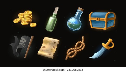 Vector cartoon style 3d icons. Pirate concept. Gold coins, bottle with a map, poison, treasure chest, flag, rope, sword.