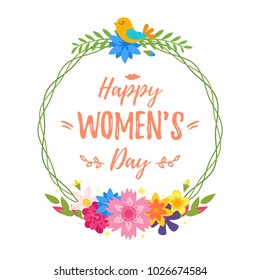 Vector cartoon style 8 of March International woman's day greeting card with floral wreath on white background.