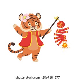 Vector cartoon style adorable cute tiger holding traditional China firecrackers. Isolated on white background.