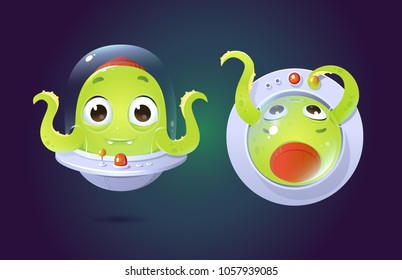 vector cartoon style alien character in top view and front view
