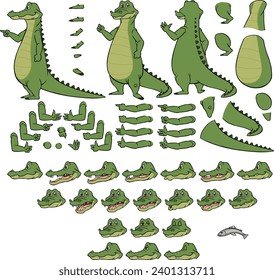 Carácter de lagarto (cocodrilo) de dibujos animados. Diferentes emociones, gestos y poses. Ilustración vectorial aislada.