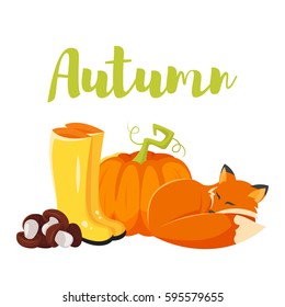 Vector cartoon style autumn background with fox, pumpkin and yellow boots. Icon for web. Isolated on white background.