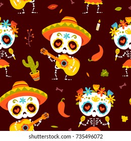 vector cartoon style autumn day of dead brown seamless pattern