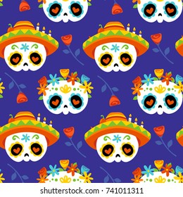 vector cartoon style autumn day of dead blue seamless pattern