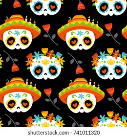 vector cartoon style autumn day of dead black seamless pattern