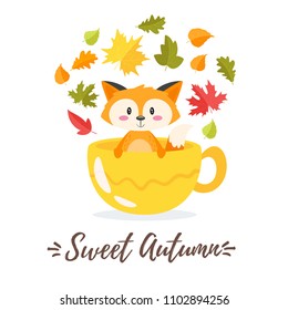 Vector cartoon style autumn design for season postcard or poster background with yellow cup and cute fox inside. White background with colorful leaves.