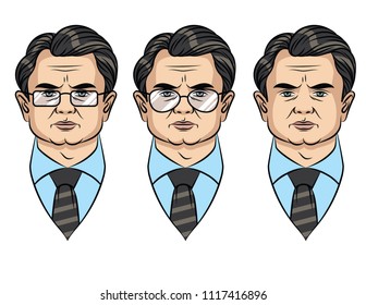 Vector cartoon style avatar of a serious face of adult man. Colorful portrait of a businessman in different style of glasses