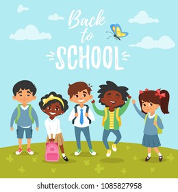 Vector cartoon style Back to school background with children of different nationalities going to school and playing outdoor. 