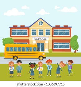 Vector cartoon style Back to school background with educational building, school bus and children of different nationalities playing outdoor. 