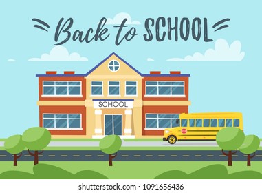 Vector cartoon style Back to school background with educational building and school bus.
