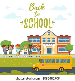 Vector cartoon style Back to school background with educational building, school bus and children of different nationalities going to school. 
