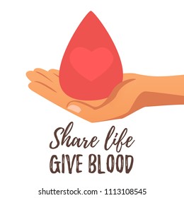 Vector cartoon style background of donate blood concept. Donor day. Motivational poster. Hand holding abstract blood drop with care.