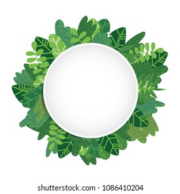 Vector cartoon style background of exotic tropical green leaves and bushes. Circlecopyspace in the middle