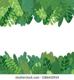 Vector cartoon style background of exotic tropical green leaves and bushes. Horizontal copyspace in the middle