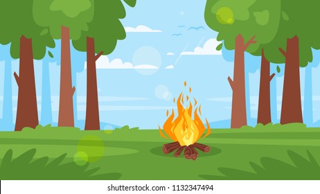 Vector Cartoon Style Background With Forest And Camp Fire. Good Sunny Day.